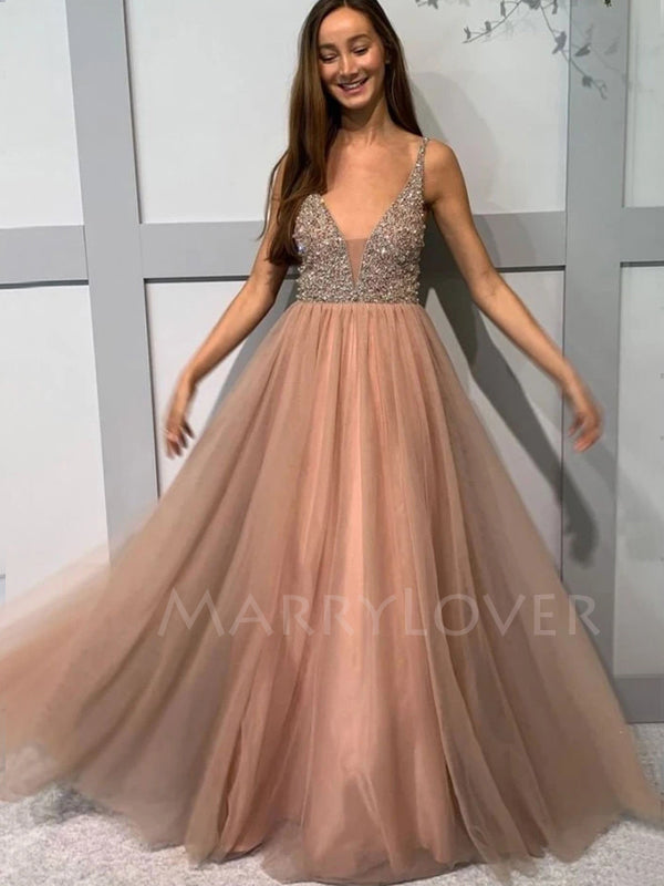 Backless V Neck Long Evening Prom Dresses, Cheap Custom Prom Dresses, MR7135