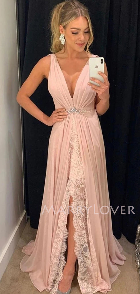 Deep V Neck Lace Long Chiffon Evening Prom Dresses, Cheap Prom Dresses, MR7136