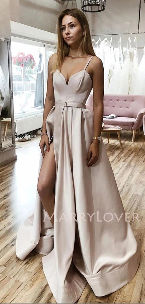 A-Line Satin Side Slit Long Evening Prom Dresses, Long Party prom dresses, MR7144