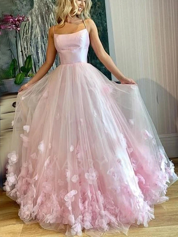 A-Line Spaghetti Straps Pink Long Evening Prom Dresses, Cheap Prom Dresses, MR7154
