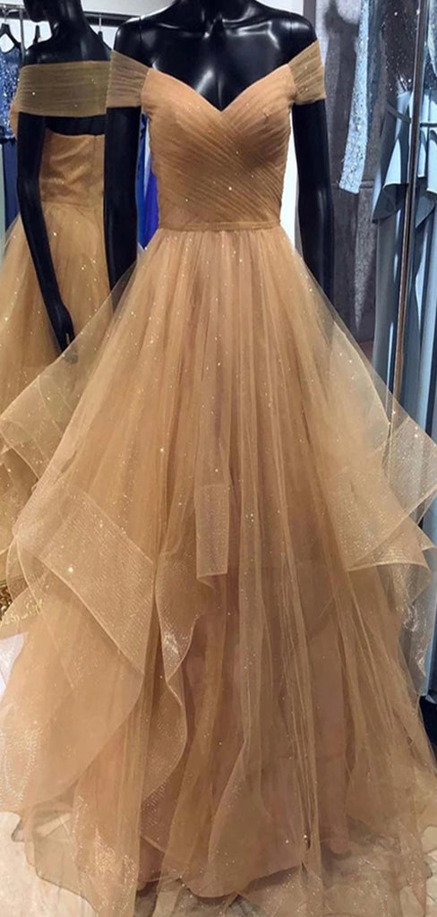 Off Shoulder Tulle A-line Long Evening Prom Dresses, Cheap Custom Prom Dress, MR7157