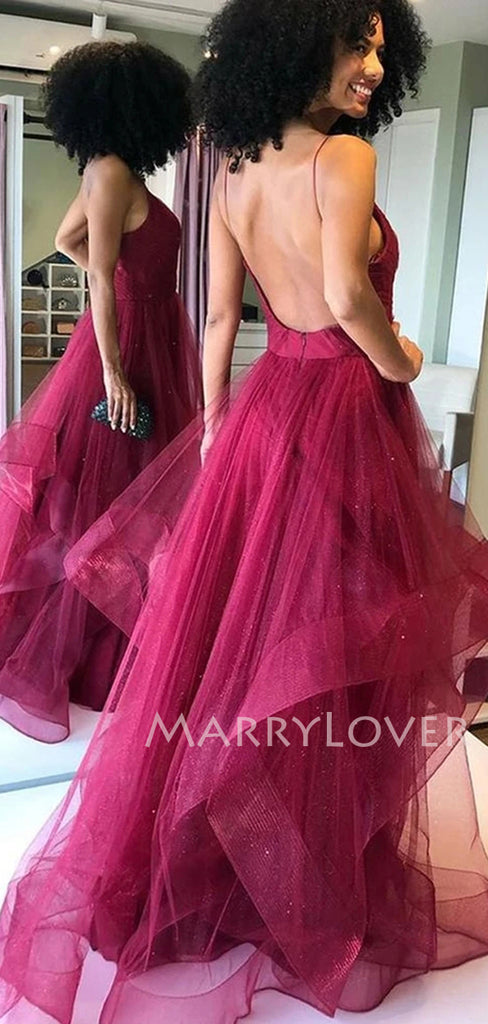 Sexy Backless Tulle A-line Burgundy Long Evening Prom Dresses, Cheap Custom Prom Dress, MR7158