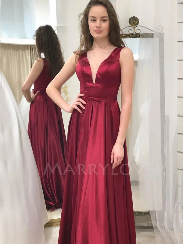 Sexy V Neck Burgundy A-Line Long Evening Prom Dresses, MR7161