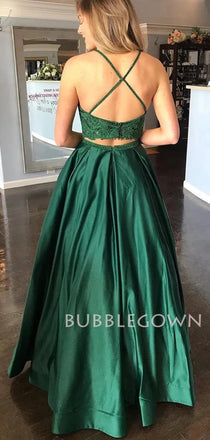 Two Pieces A-Line  Green satin Cheap Evening Sweet Dresses,Long Custom Prom dresses, MR7166