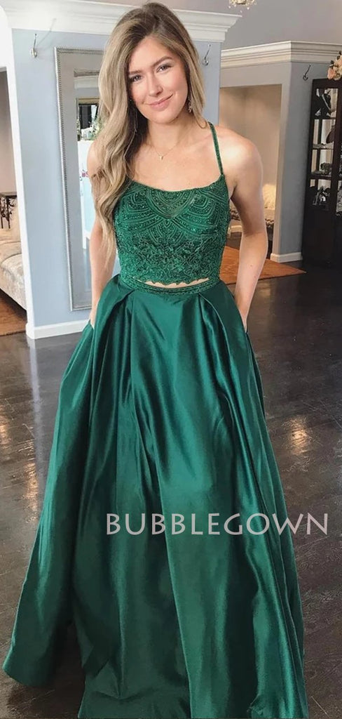 Two Pieces A-Line  Green satin Cheap Evening Sweet Dresses,Long Custom Prom dresses, MR7166