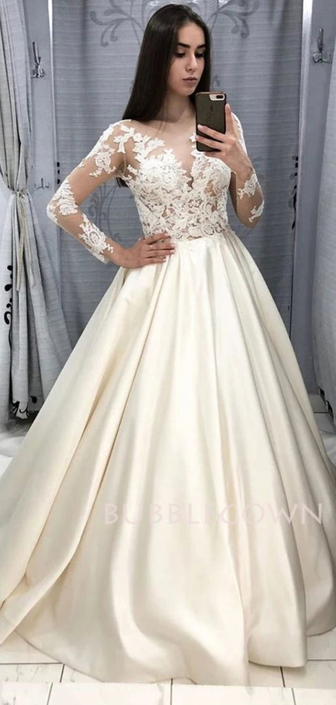 Long Sleeves Lace Custom A-Line Satin Long Evening Prom Dresses, Satin Wedding Dresses, MR7168