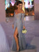 Sexy Off Shoulder Long Sleeves Dusty Blue Long Evening Prom Dresses, MR7178