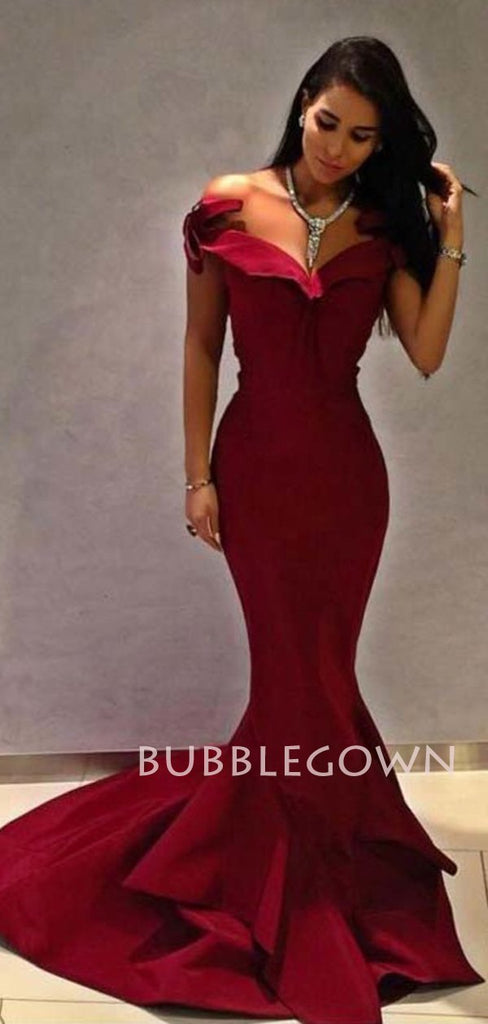 Off Shoulder Mermaid Burgundy Satin Long Evening Prom Dresses, Long Party prom dresses, MR7181