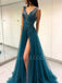 V Neck Beaded Dusty Blue Long Backless Evening Prom Dresses, Cheap Custom Prom Dresses, MR7182