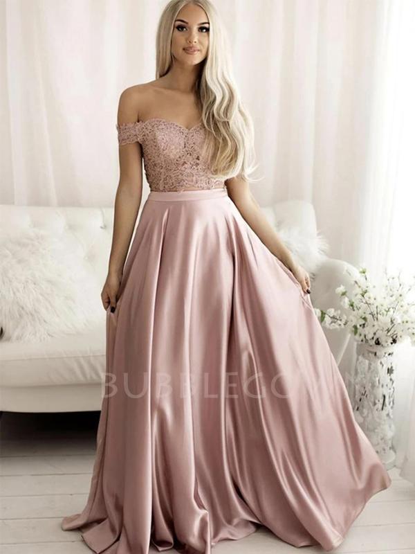 Off Shoulder Two Pieces A-Line Grey Pink Long Evening Sweet Prom Dresses, Cheap Custom Prom dresses, MR7189