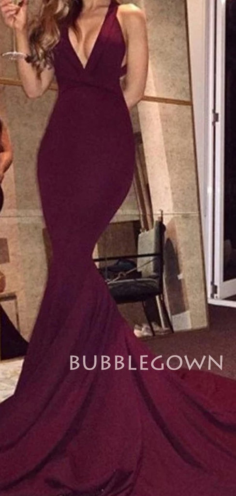 Sexy Deep V Neck Mermaid Burgundy Long Evening Prom Dresses, MR7206