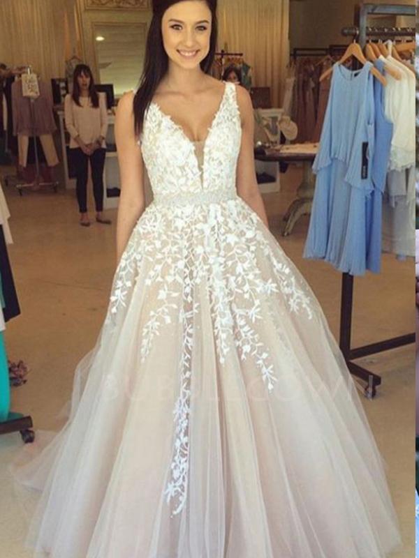 V-neck Tulle Floor Length Champagne Lace A-line Long Evening Prom Dresses, Cheap Prom Dress, MR7209