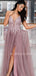 Dusty Purple V Neck Tulle Side Slit A-line Long Evening Prom Dresses, Cheap Prom Dress, MR7220