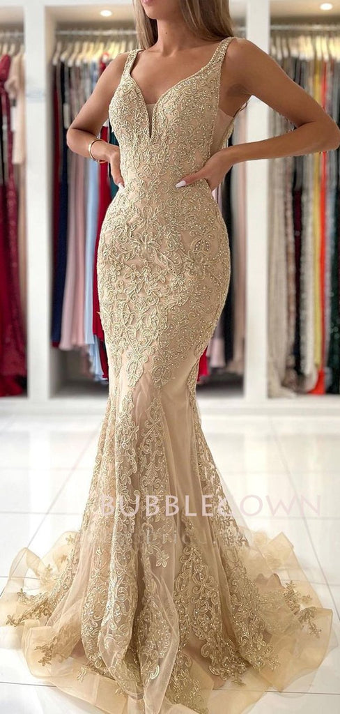 Champagne Gold Mermaid V Neck Lace Long Evening Prom Dresses, MR7228