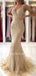 Champagne Gold Mermaid V Neck Lace Long Evening Prom Dresses, MR7228