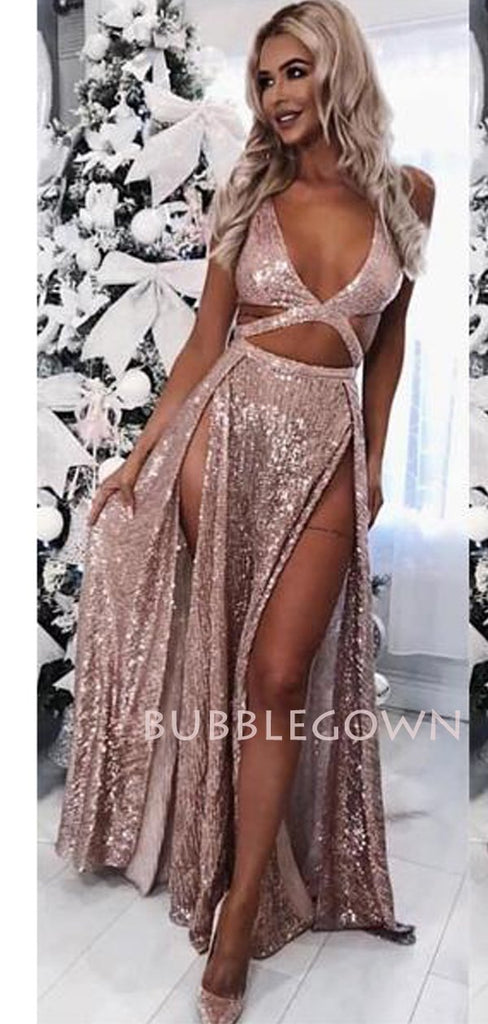 Rose Gold Sequin Sexy Side Slit Long Evening Prom Dresses, Cheap Custom Prom Dresses, MR7231