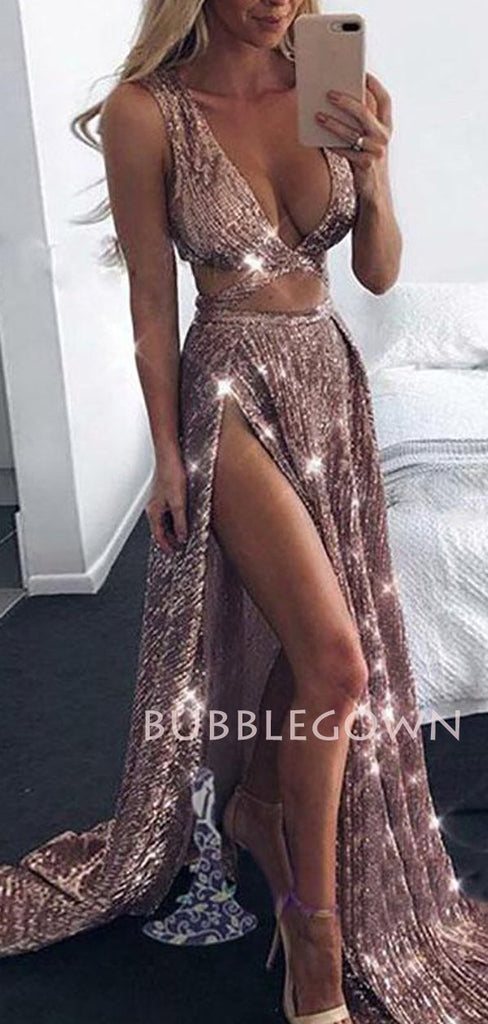 Rose Gold Sequin Sexy Side Slit Long Evening Prom Dresses, Cheap Custom Prom Dresses, MR7231