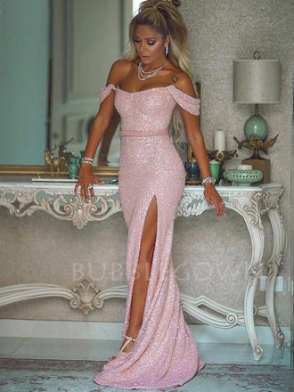Pink Sequin Sexy Off Shoulder Side Slit Long Evening Prom Dresses, Cheap Custom Prom Dresses, MR7233