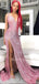 Pink Sequin Deep V Neck Side Slit Long Evening Prom Dresses, Cheap Custom Prom Dresses, MR7234