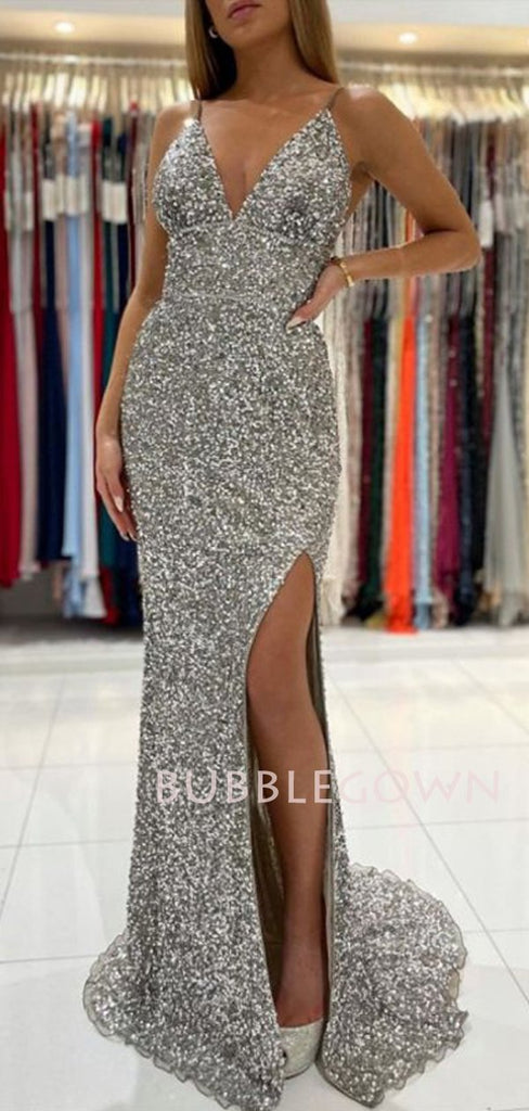Silver Sequin Mermaid Sparkly Long Evening Prom Dresses, Cheap Custom Prom Dresses, MR7236