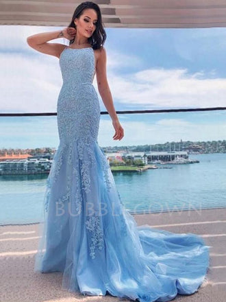 Spaghetti Straps Mermaid blue Lace Long Evening Prom Dresses, MR7244