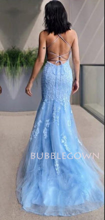 Spaghetti Straps Mermaid blue Lace Long Evening Prom Dresses, MR7244