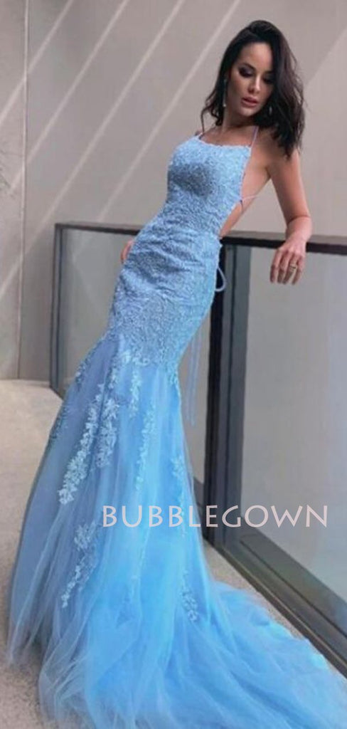Spaghetti Straps Mermaid blue Lace Long Evening Prom Dresses, MR7244
