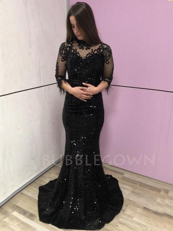 Black See Throuth Half Sleeves Sequin Mermaid Long Evening Prom Dresses, MR7248