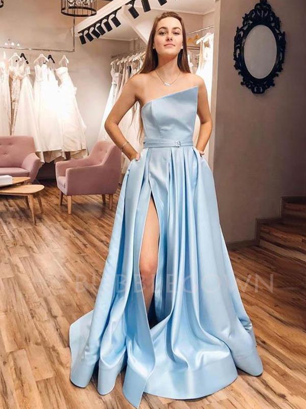 Blue A-Line Backless Side Slit Sation Long Evening Prom Dresses, MR7251
