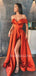 Off Shoulder Orange A-Line Side Slit Long Evening Prom Dresses, MR7257