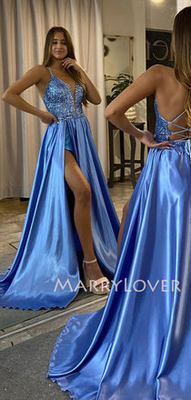 Sexy Backless A-Line Simple Blue Satin Long Evening Prom Dresses, MR7266