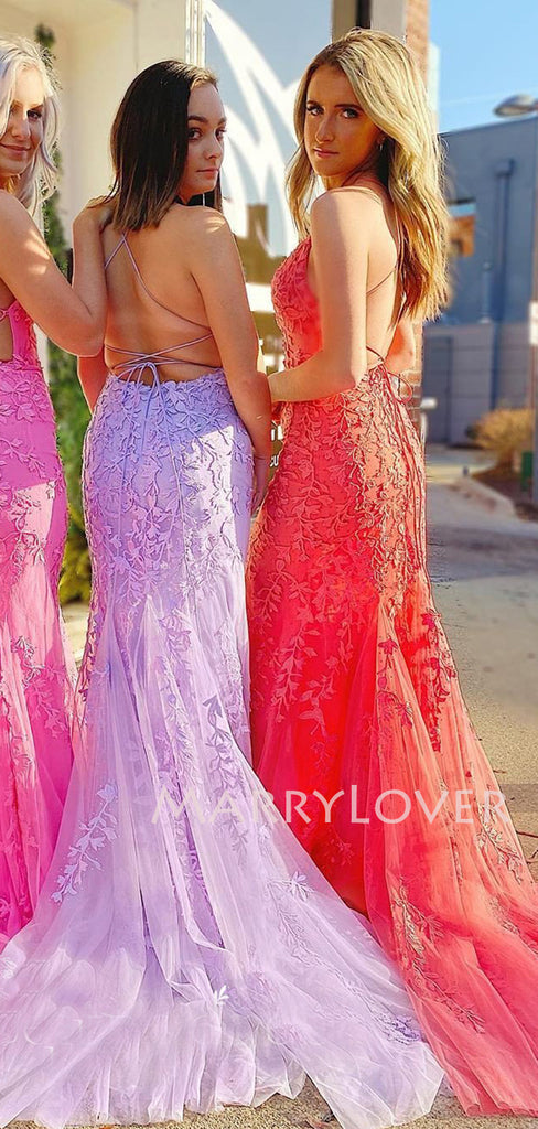 Spaghetti Straps Mermaid Lace backless Long Evening Prom Dresses, MR7268