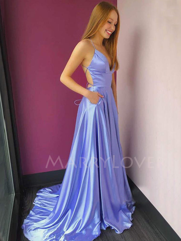 Blue Spaghetti Straps Side Slit  Backless Long Evening Prom Dresses, Cheap Custom Party Prom Dresses, MR7273