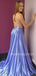 Blue Spaghetti Straps Side Slit  Backless Long Evening Prom Dresses, Cheap Custom Party Prom Dresses, MR7273