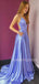 Blue Spaghetti Straps Side Slit  Backless Long Evening Prom Dresses, Cheap Custom Party Prom Dresses, MR7273