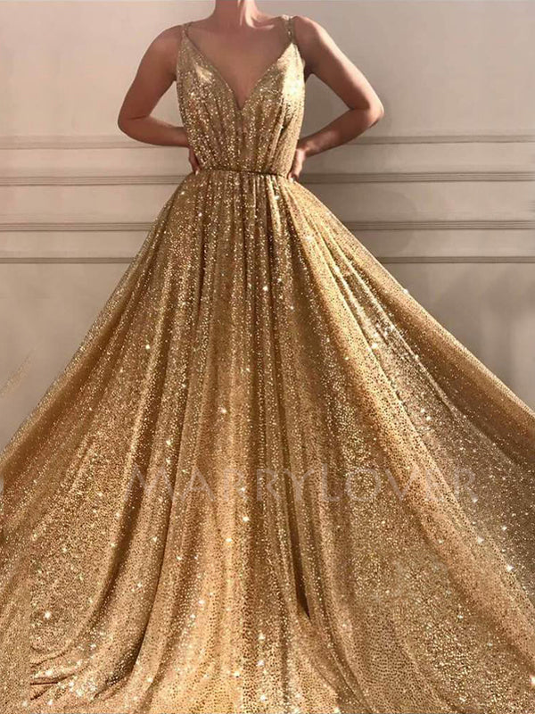 Sexy V Neck Golden Sequin A-Line Long Evening Prom Dresses, Cheap Custom Sweet Prom dresses, MR7275