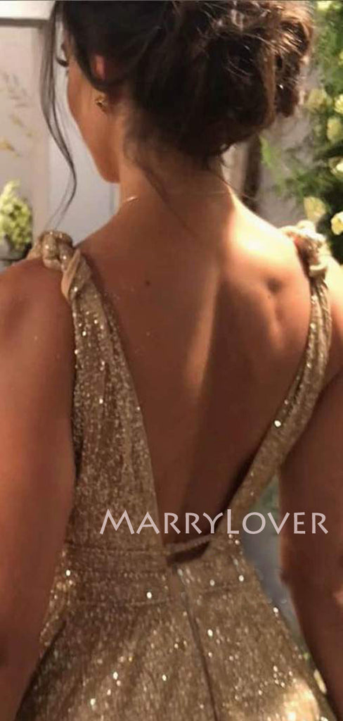 Deep V Neck Golden Sequin Backless A-Line Long Evening Prom Dresses, Cheap Custom Sweet Sharply Prom dresses, MR7276