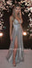 Sexy V Neck Silver Sequin Backless A-Line Side Slit Long Evening Prom Dresses, Cheap Custom Sweet Sharply Prom dresses, MR7277