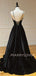 A-Line Backless Black Satin V Neck Long Evening Prom Dresses, Cheap Custom Backless Prom Dresses, MR7279
