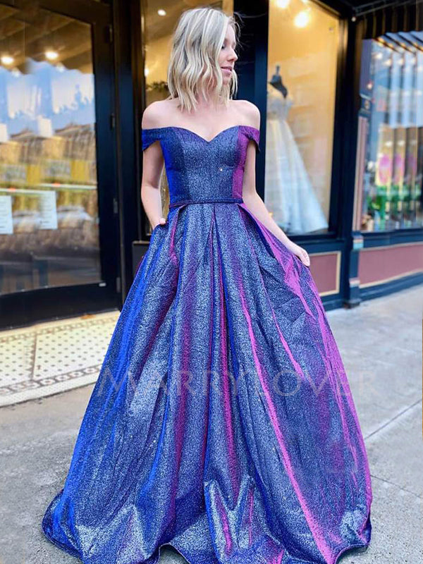 Off Shoulder Blue A-Line Long Evening Prom Dresses, Cheap Custom Dresses,MR7280