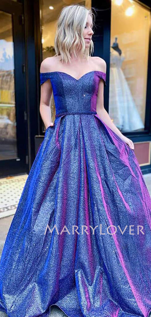 Off Shoulder Blue A-Line Long Evening Prom Dresses, Cheap Custom Dresses,MR7280