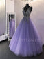 V Neck Purple Tulle Floor Length A-line Long Evening Prom Dresses, MR7281