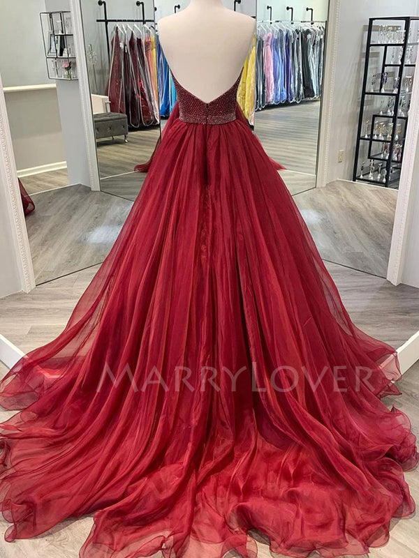 Burgundy Organza A-Line Long Evening Prom Dresses, Cheap Custom Prom Dresses, MR7286