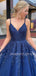 Navy Blue Lace A-line Backless Long Evening Prom Dresses, Cheap Custom V Neck Prom Dress, MR7299