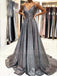 Sexy V Neck A-Line Sliver Grey Sparkle Backless Long Evening Prom Dresses, Cheap Custom Prom Dress, MR7305