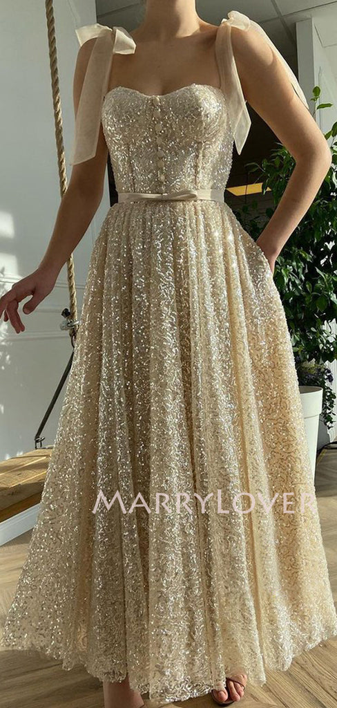 Golden Sequin A-Line Long Sparkly Evening Prom Dresses, Cheap Custom Homecoming Dresses, MR7307