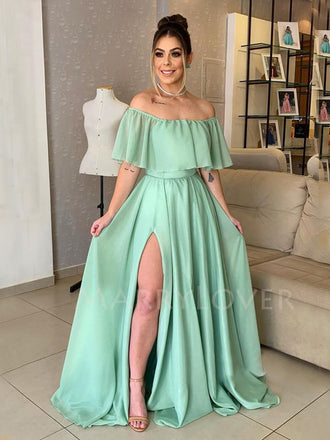 Off Shoulder Blue Chiffon Cheap Long Evening Prom Dresses, MR7312