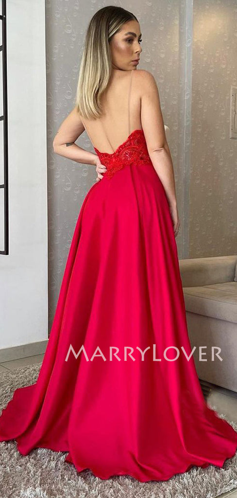 V Neck A-Line Pink Satin Long Evening Prom Dresses, Cheap Custom Prom Dress, MR7314