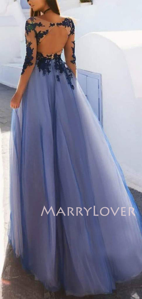 Sexy See Throuth Long Sleeves Tulle A-line Blue Lace Long Evening Prom Dresses, Cheap Prom Dress, MR7326