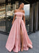 Pink Satin Off Shoulder A-line Long Evening Prom Dresses, Cheap Custom prom dresses, MR7327